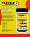 Gráfico promocional Flytex con envase de 150 g y tabla de dosificación visible.