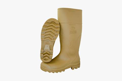 Bota de trabajo Jaspe color beige, vista lateral con suela visible sobre fondo blanco.