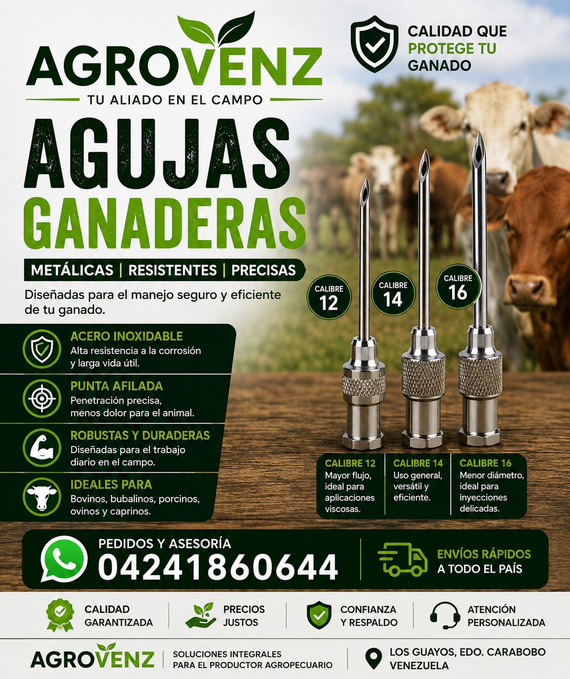 Gráfico Agrovenz con agujas ganaderas metálicas calibres 12, 14 y 16 visibles.