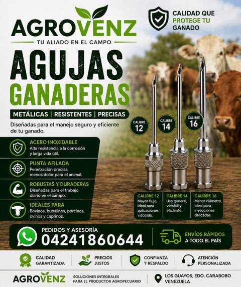 Gráfico Agrovenz con agujas ganaderas metálicas calibres 12, 14 y 16 visibles.