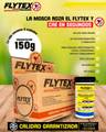 Imagen promocional Flytex mosquicida presentación de 150 g con envase y caja visibles.