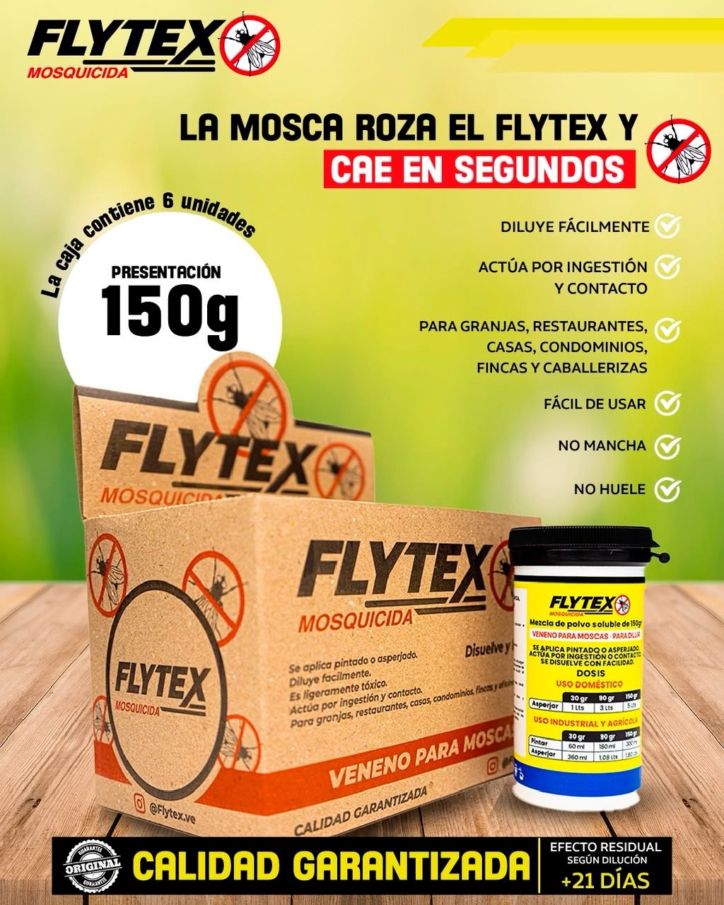 Imagen promocional Flytex mosquicida presentación de 150 g con envase y caja visibles.
