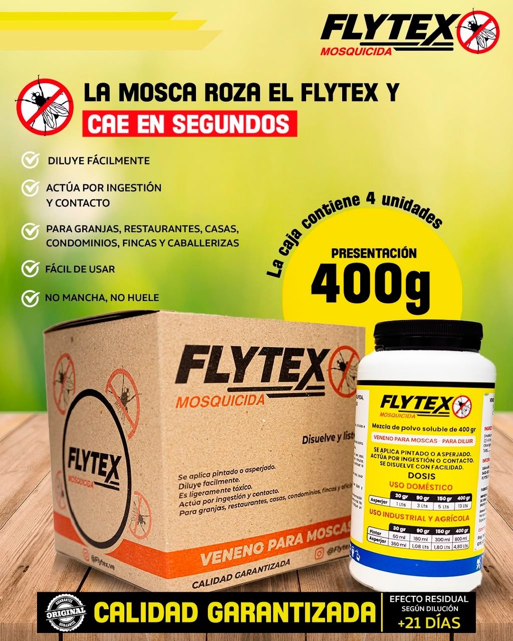 Imagen promocional Flytex mosquicida presentación de 400 g con envase y caja visibles.